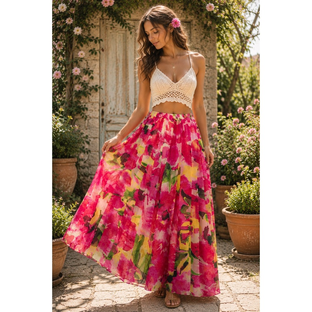 Garden Floral Watercolor Maxi Skirt Waist 30 Flowy Garden‎ Chic Cottagecore